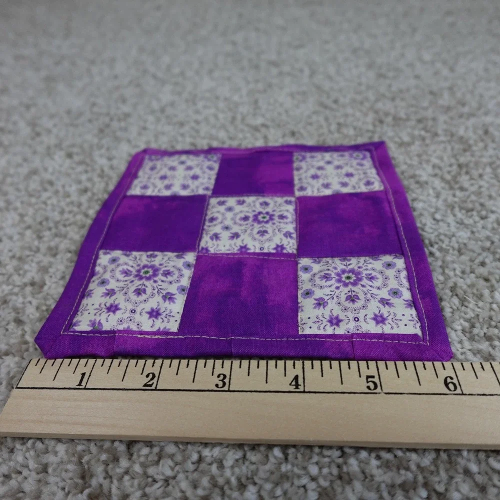 Handmade Quilted Purple Floral 9 Patch Mug Rug Cotton Coaster 6x6 Inch